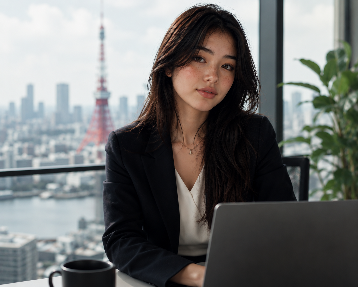 Portrait of Mika, an AI real estate teammate, working at a desk overlooking the Tokyo skyline